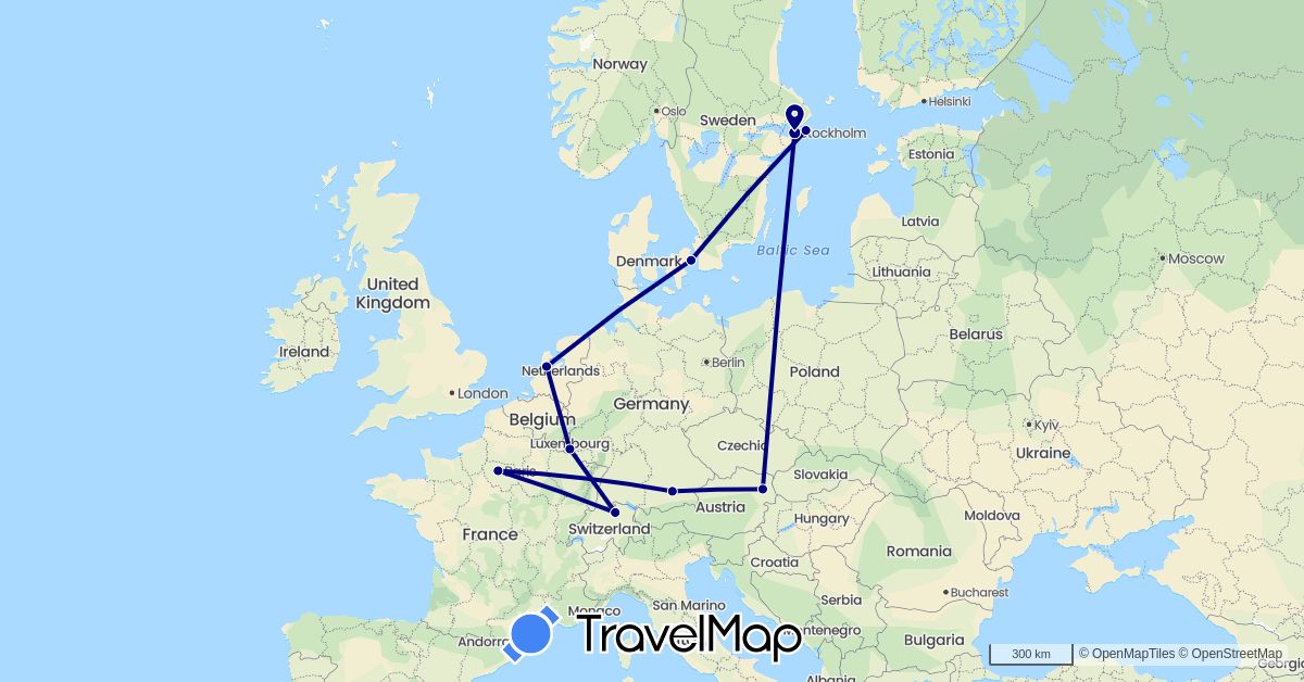 TravelMap itinerary: driving in Austria, Switzerland, Germany, Denmark, France, Luxembourg, Netherlands, Sweden (Europe)